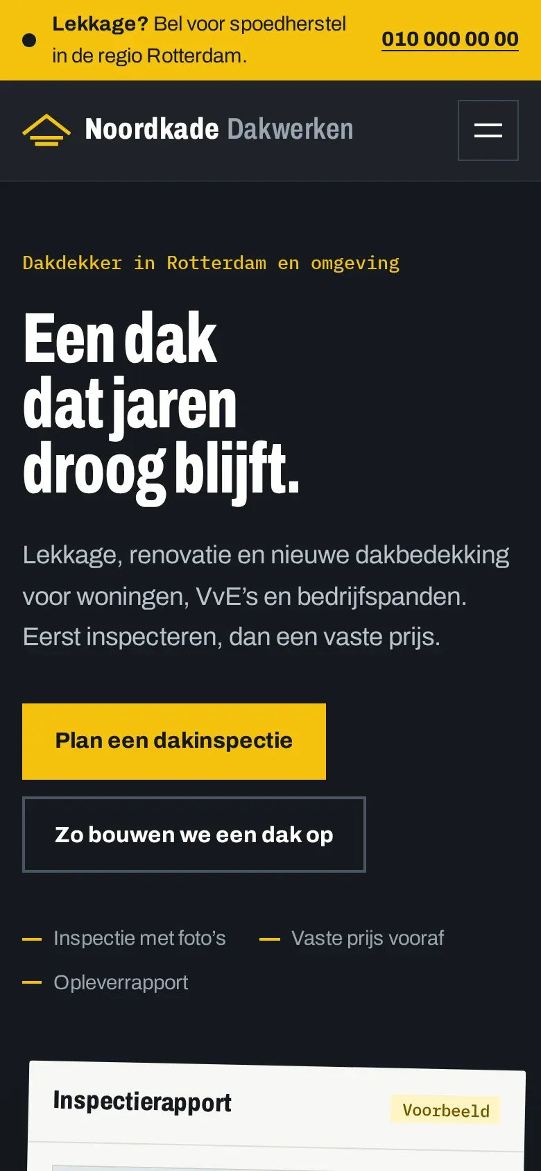 Mobiele weergave van de demo-website van Noordkade Dakwerken