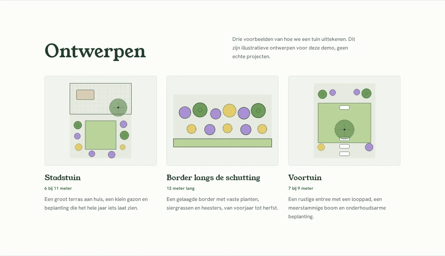 Drie getekende ontwerpen als voorbeeld van de werkwijze.