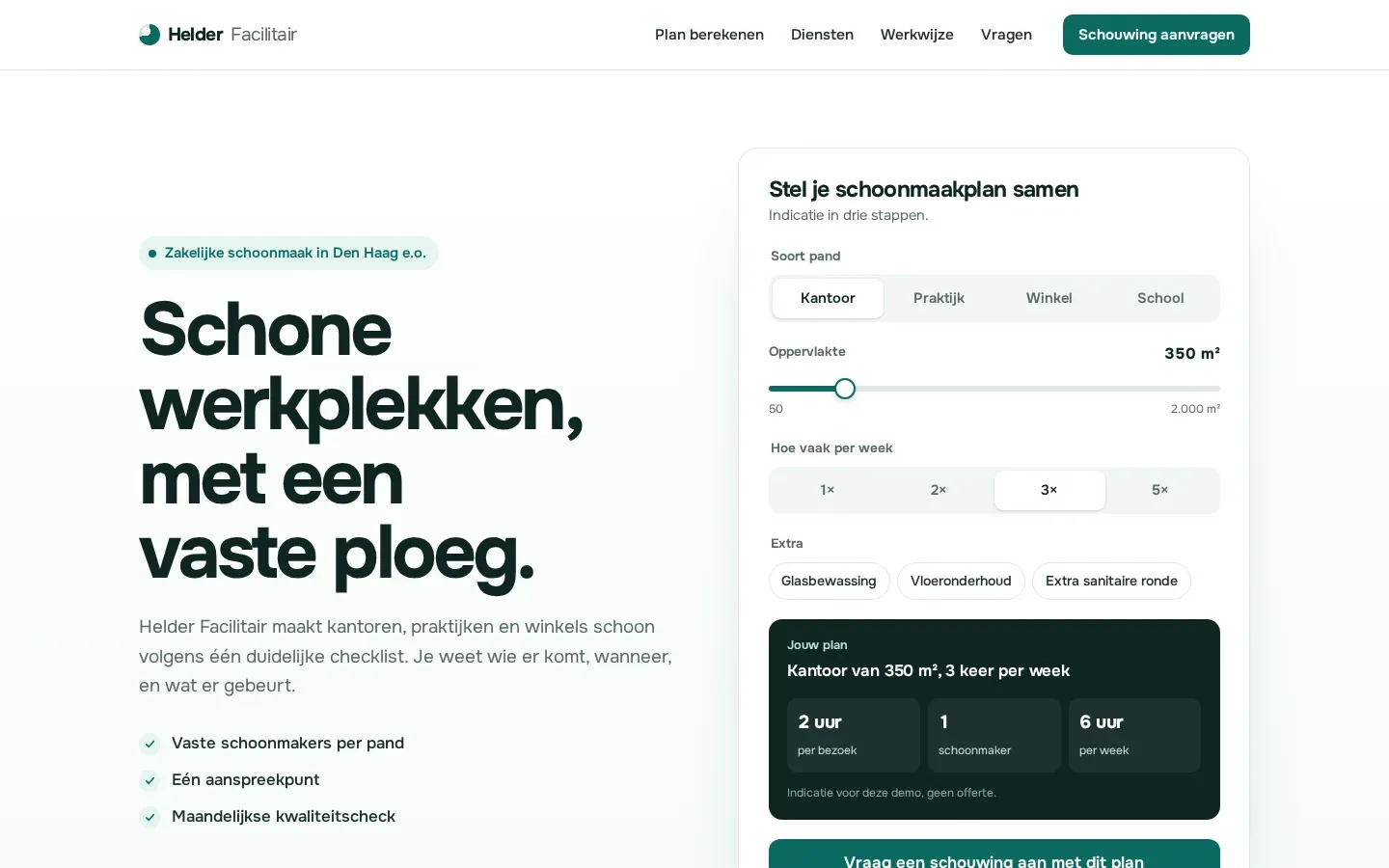 Desktopweergave van de demo-website van Helder Facilitair