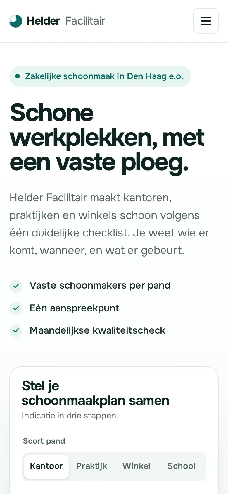 Mobiele weergave van de demo-website van Helder Facilitair